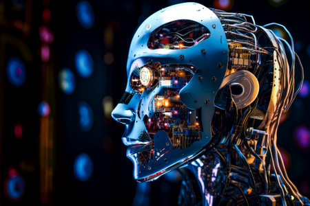 A side view of a humanoid head with a neon neural network, representing futuristic technology and artificial intelligence. Generative AI.の素材