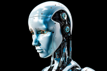 A side view of a humanoid head with a neon neural network, representing futuristic technology and artificial intelligence. Generative AI.の素材