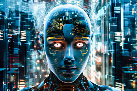 A side view of a humanoid head with a neon neural network, representing futuristic technology and artificial intelligence. Generative AI.の素材