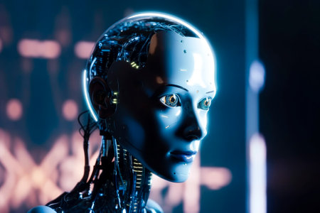 A side view of a humanoid head with a neon neural network, representing futuristic technology and artificial intelligence. Generative AI.の素材