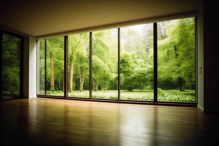 An empty room with no objects, featuring large floor-to-ceiling windows that allow sunshine to pour in.Generative AI.の素材
