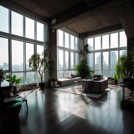 A spacious and bright rest area with a sofa and soothing green plants in the living room, generated AIの素材