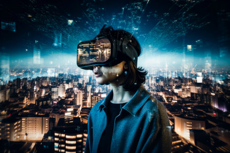 The person who experiences the future of technology with a VR headset, immersing themselves in it, is full of curiosity and passion for exploring unknown worlds.Generative AIの素材