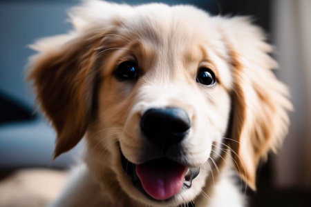 Labrador dog looking at the camera in front of a blue background.Generative AI.の素材