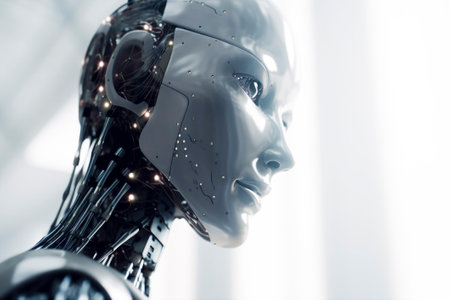 A side view of a humanoid head with a neon neural network, representing futuristic technology and artificial intelligence. Generative AI.の素材