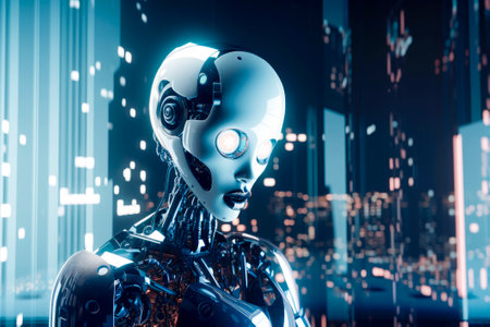 A side view of a humanoid head with a neon neural network, representing futuristic technology and artificial intelligence. Generative AI.の素材