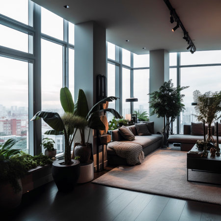 A spacious and bright rest area with a sofa and soothing green plants in the living room, generated AIの素材
