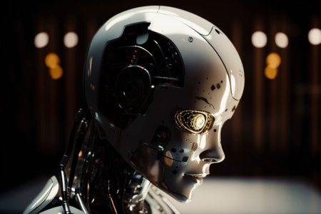 A side view of a humanoid head with a neon neural network, representing futuristic technology and artificial intelligence. Generative AI.の素材