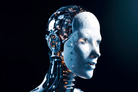 A side view of a humanoid head with a neon neural network, representing futuristic technology and artificial intelligence. Generative AI.の素材