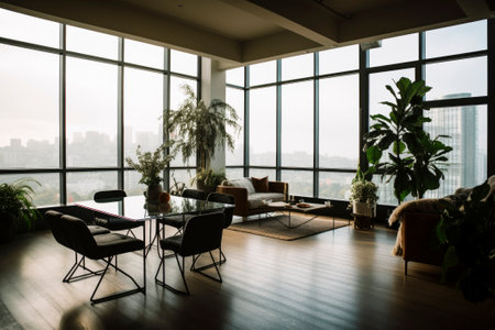 A spacious and bright rest area with a sofa and soothing green plants in the living room, generated AIの素材
