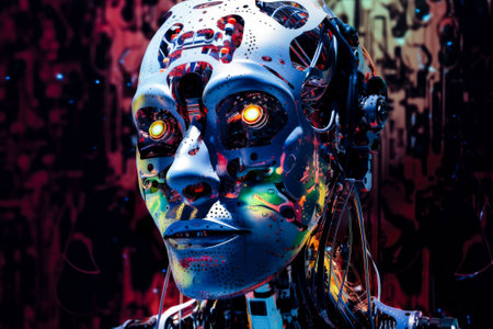 A side view of a humanoid head with a neon neural network, representing futuristic technology and artificial intelligence. Generative AI.の素材