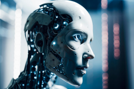 A side view of a humanoid head with a neon neural network, representing futuristic technology and artificial intelligence. Generative AI.の素材
