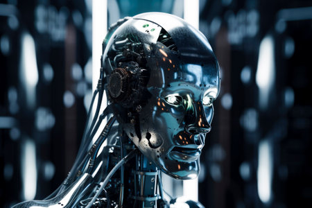 A side view of a humanoid head with a neon neural network, representing futuristic technology and artificial intelligence. Generative AI.の素材
