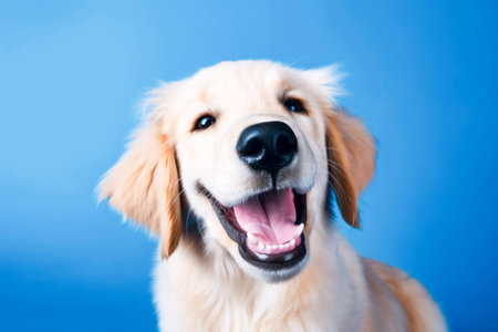 Labrador dog looking at the camera in front of a blue background.Generative AI.の素材