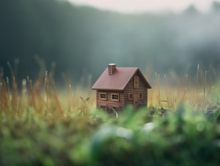Green ecological house in empty field at sunset concept for construction and real estate with Generative AI technologyの素材