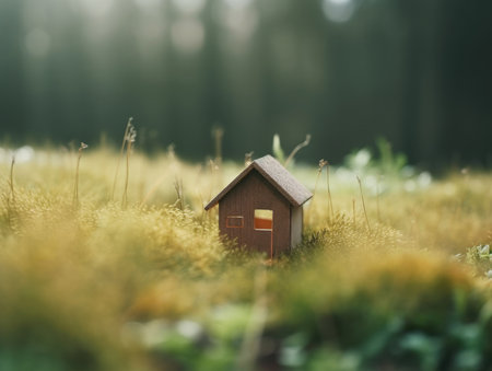 Green ecological house in empty field at sunset concept for construction and real estate with Generative AI technologyの素材