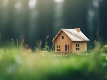 Green ecological house in empty field at sunset concept for construction and real estate with Generative AI technologyの素材