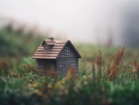 Green ecological house in empty field at sunset concept for construction and real estate with Generative AI technologyの素材