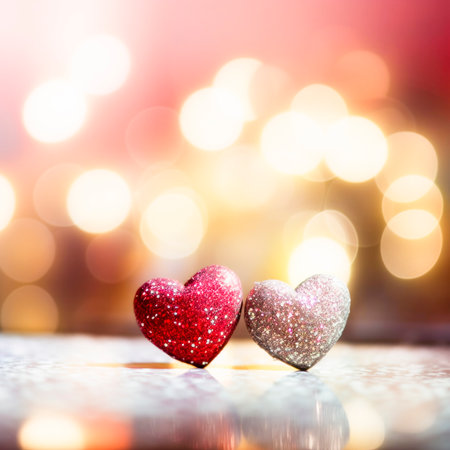 Hearts On Glitter In Shiny Background - Valentine's Day Concept with Generative AI technologyの素材