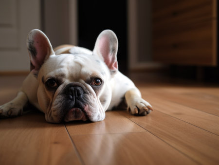 French bulldog looking at camera lying down on wood flooring with Generative AI technologyの素材