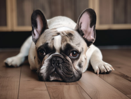 French bulldog looking at camera lying down on wood flooring with Generative AI technologyの素材
