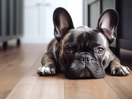 French bulldog looking at camera lying down on wood flooring with Generative AI technologyの素材