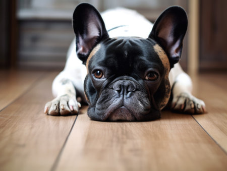 French bulldog looking at camera lying down on wood flooring with Generative AI technologyの素材