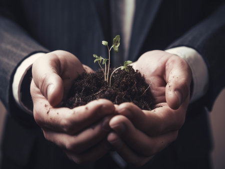 A man wearing a suit is holding a small sapling in his hands with Generative AI technologyの素材