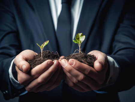 A man wearing a suit is holding a small sapling in his hands with Generative AI technologyの素材
