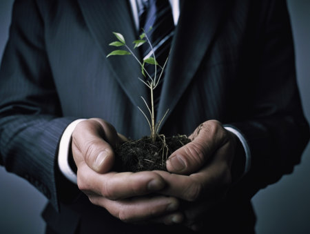 A man wearing a suit is holding a small sapling in his hands with Generative AI technologyの素材
