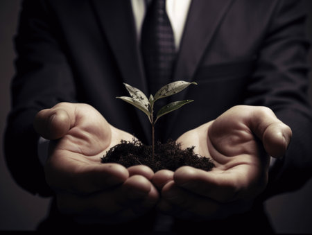 A man wearing a suit is holding a small sapling in his hands with Generative AI technologyの素材