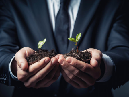 A man wearing a suit is holding a small sapling in his hands with Generative AI technologyの素材