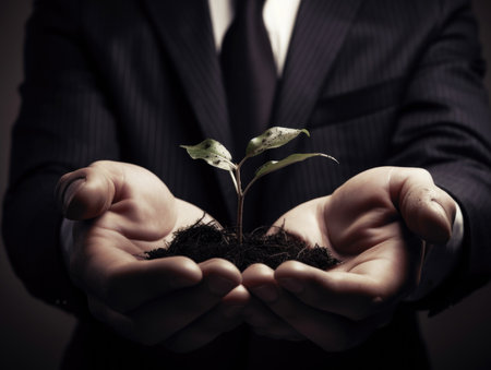 A man wearing a suit is holding a small sapling in his hands with Generative AI technologyの素材