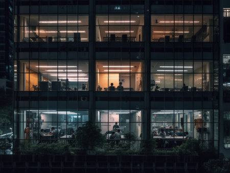 office building exterior looking through window  business person meeting working late at night in meeting room with Generative AI technologyの素材