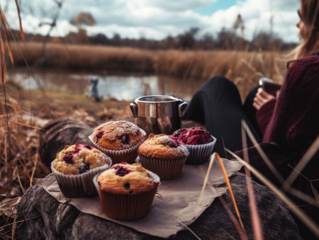 Sitting by the lake on a peaceful afternoon, enjoying the beautiful scenery while savoring delicious muffins and drinks with Generative AI technologyの素材