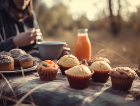 Sitting by the lake on a peaceful afternoon, enjoying the beautiful scenery while savoring delicious muffins and drinks with Generative AI technologyの素材