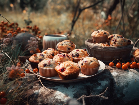 In the afternoon hours, enjoying a picnic outdoors and savoring delicious desserts with Generative AI technologyの素材