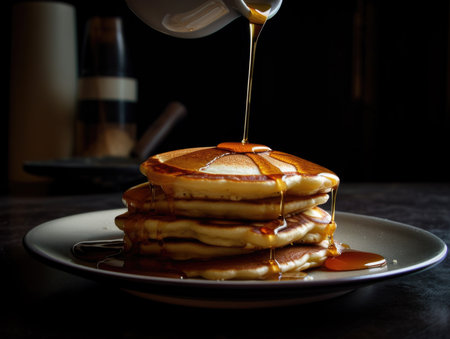 Honey dripping on the stack of pancakes for breakfast on the wooden table, healthy products by organic natural ingredients concept with Generative AI technologyの素材