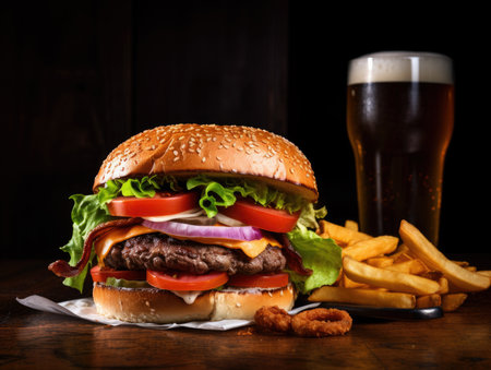 Delicious beef or pork patty burger goes well with an icy cold beverageï¼Generative AIの素材