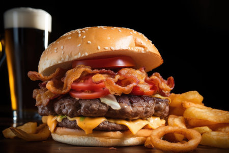 Delicious beef or pork patty burger goes well with an icy cold beverageï¼Generative AIの素材