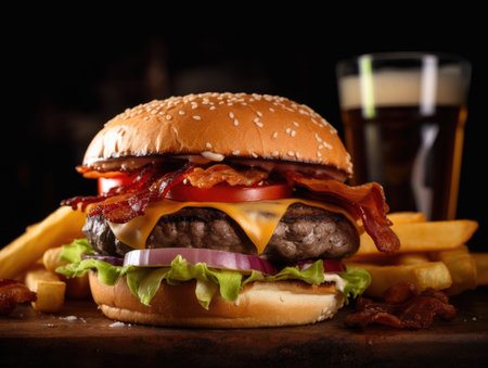 Delicious beef or pork patty burger goes well with an icy cold beverageï¼Generative AIの素材