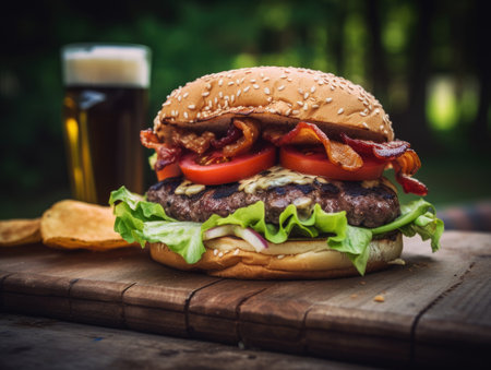 Delicious beef or pork patty burger goes well with an icy cold beverageï¼Generative AIの素材