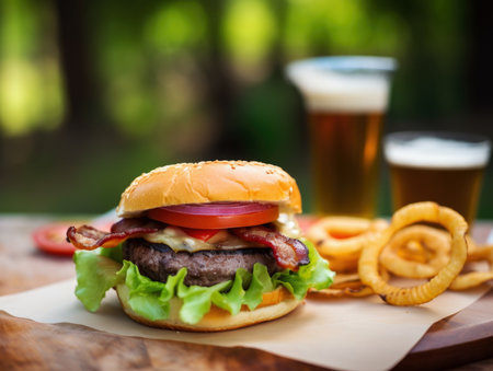 Delicious beef or pork patty burger goes well with an icy cold beverageï¼Generative AIの素材