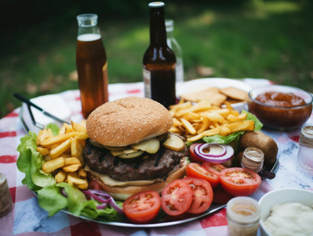 Delicious beef or pork patty burger goes well with an icy cold beverageï¼Generative AIの素材