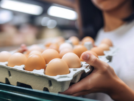 A woman is holding a box of eggs in a paper carton with Generative AI technologyの素材