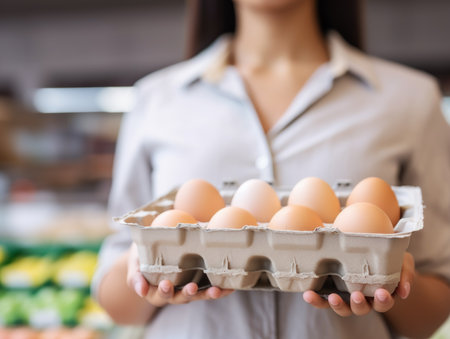 A woman is holding a box of eggs in a paper carton with Generative AI technologyの素材