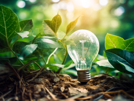 Lightbulb With Tree In Dirt Soil - Energy Development Concept. Generated AI.の素材