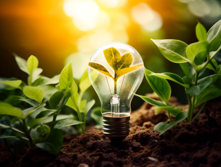 Lightbulb With Tree In Dirt Soil - Energy Development Concept. Generated AI.の素材
