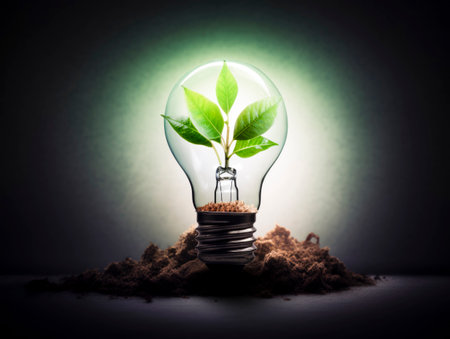Lightbulb With Tree In Dirt Soil - Energy Development Concept. Generated AI.の素材