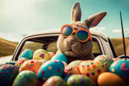 Easter Bunny with sunglasses looking out of a car filed with easter eggs, Generative AIの素材
